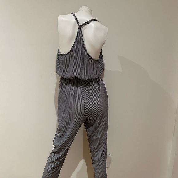 One piece jumpsuit. Black and white pinstrip.  Adjustable straps. - Picture 3 of 4